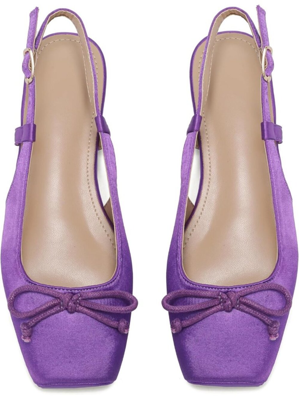 Women's Violet Slingback Square Toe Bow Knit Ankle Buckle Satin Ballet Flats